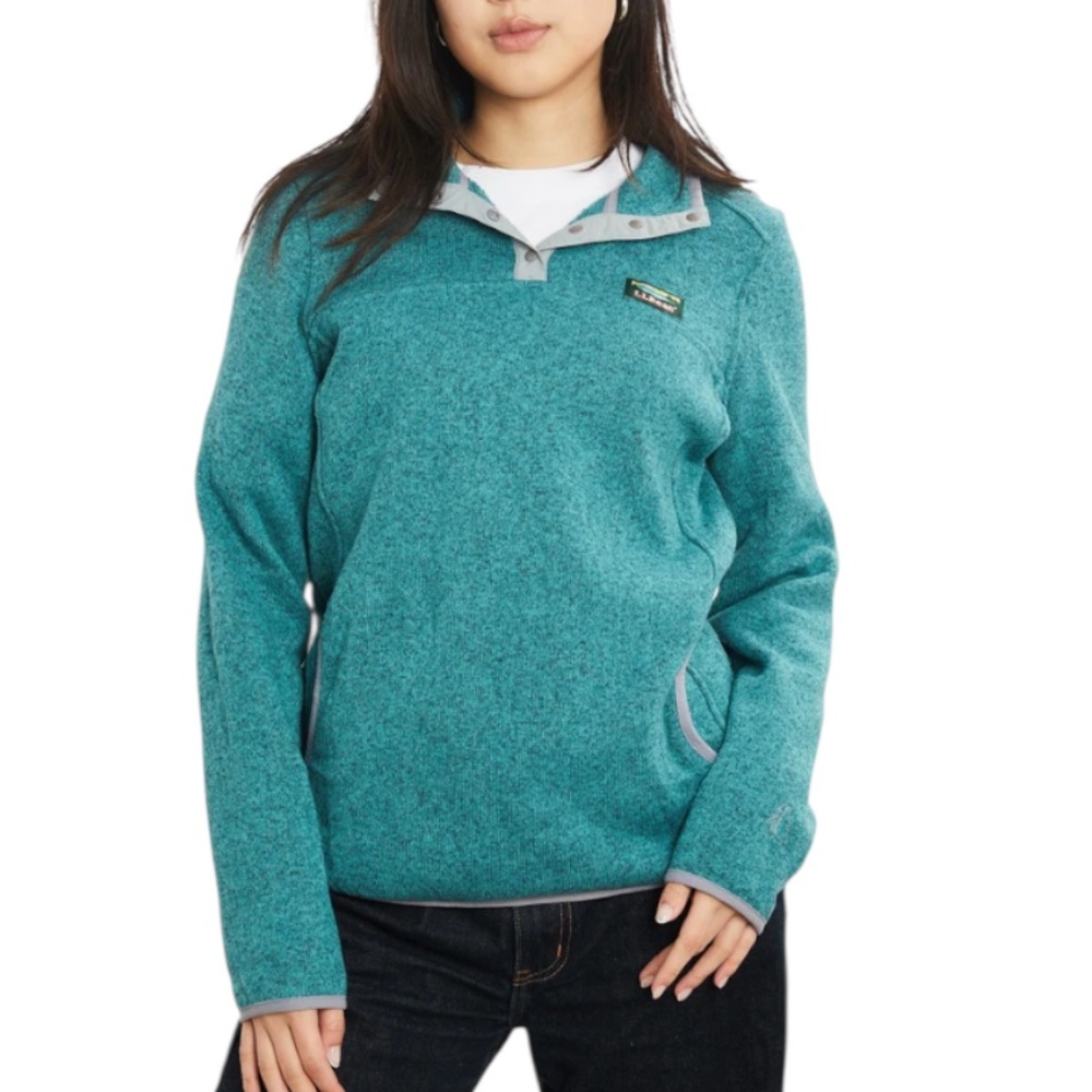 LL Bean Sweater Fleece Snap Front Pockets Heathered Teal Sz M - Picture 2 of 9